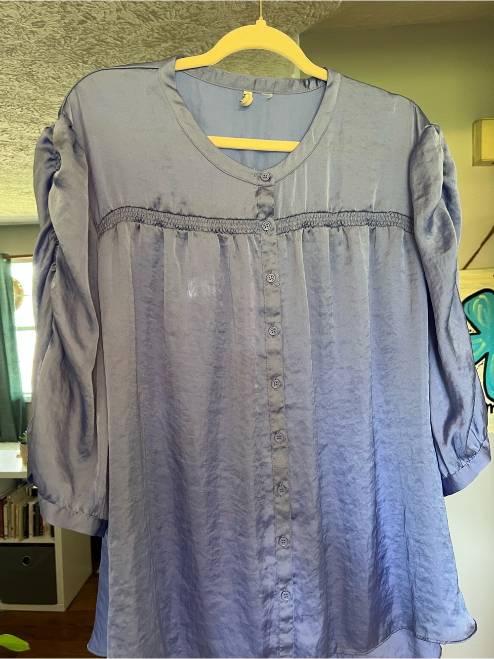 Cato Blue Satin Blouse Plus Size 22/24 Flowy Button Front Ruched Sleeve Top